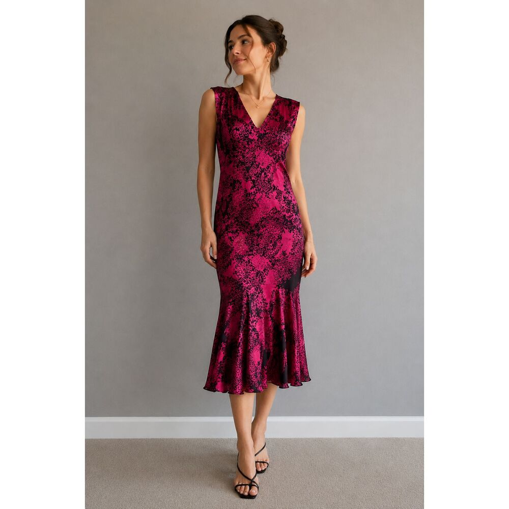 Vintage Phase Eight Silk Blend Flocked Midi Dress UK 16 US 12 Pink Black